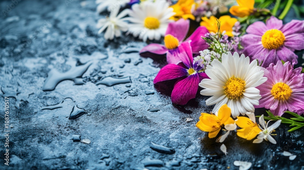 A vibrant arrangement of colorful flowers on a textured surface, with droplets of water.