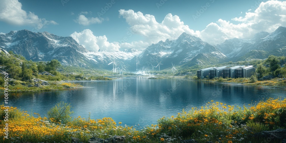 Obraz premium Serene mountain lake with wildflowers and distant buildings, under a bright sky.