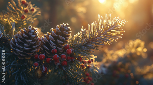 christmas tree branches with cones