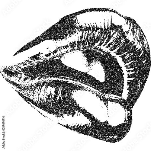 Mouth in smile with halftone stipple effect, for grunge punk y2k collage design. Vector illustration in grainy photocopy texture for experimental dotted retro banner design