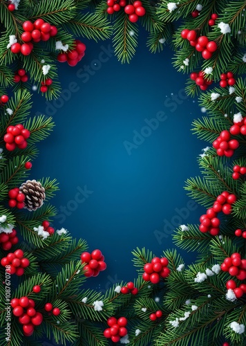 Christmas new years banner frame form green fir tree branches pine cones red holly berries in snow on dark blue background template with copy space christmas wreath decoration holiday frame