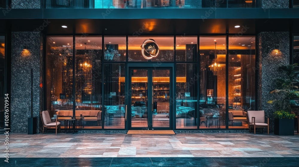 Modern entrance of a stylish restaurant with glass facade and elegant interior lighting. Modern entrance of a stylish restaurant with glass facade and elegant interior lighting.