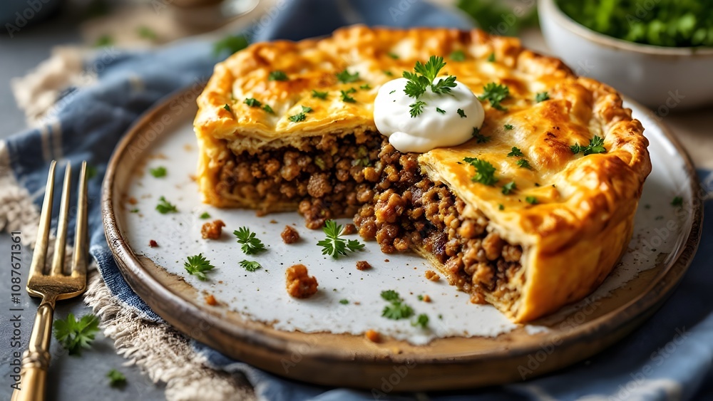 Kreatopita (Greek Cuisine) - Traditional Greek meat pie with savory filling Kreatopita (Greek Cuisine) - Traditional Greek meat pie with savory filling
