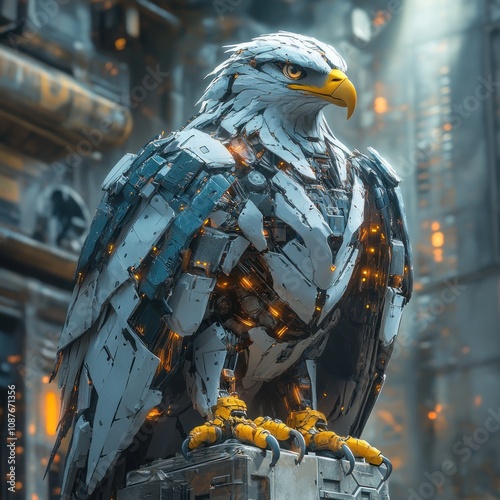 A robotic eagle sculpture with metallic feathers in a futuristic setting. photo