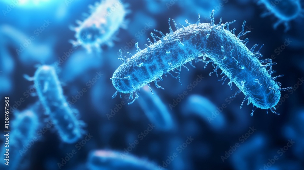 Close-up view of blue bacteria, showcasing their elongated shapes and fine structures against a glowing background. Close-up view of blue bacteria, showcasing their elongated shapes and fine structures against a glowing background.