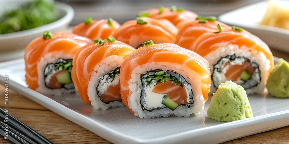 Freshly prepared sushi rolls with salmon and cucumber served on a wooden platter. Freshly prepared sushi rolls with salmon and cucumber served on a wooden platter.