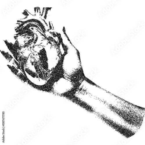 Hand holding heart with halftone stipple effect, for grunge punk y2k collage design. Vector illustration in grainy photocopy texture for experimental dotted retro banner design