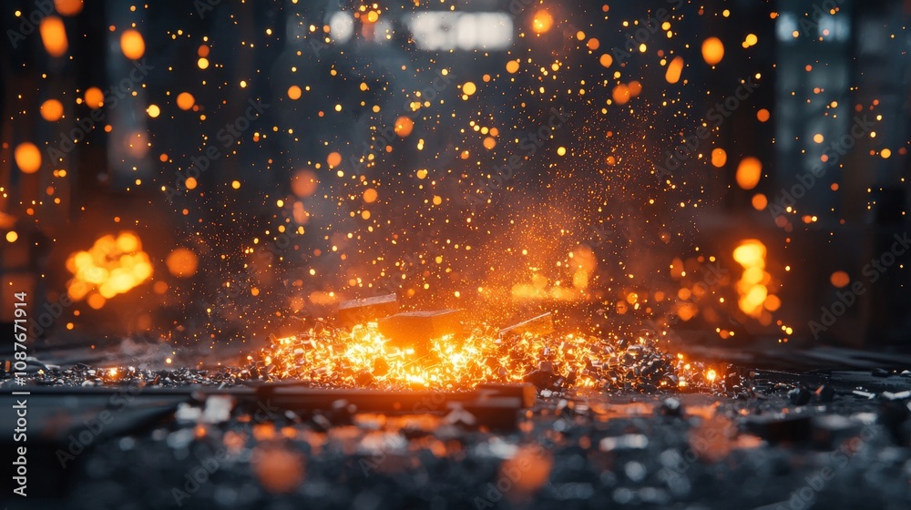 Fototapeta premium A vibrant scene of molten metal, sparks flying, and glowing embers, showcasing the intensity of industrial processes.