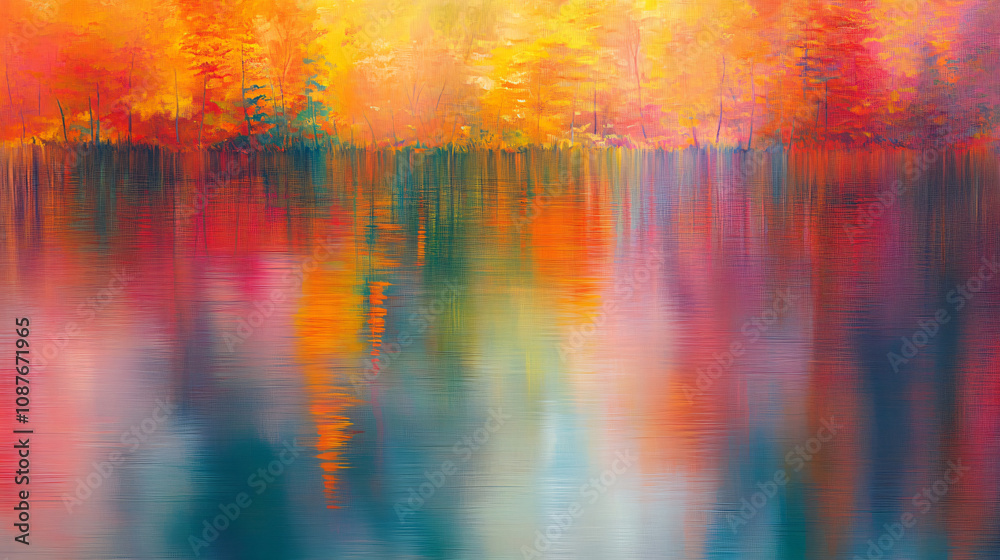 A tranquil river bank in autumn, with the vibrant colors of the surrounding trees reflecting off the smooth, glass-like surface of the water A tranquil river bank in autumn, with the vibrant colors of the surrounding trees reflecting off the smooth, glass-like surface of the water