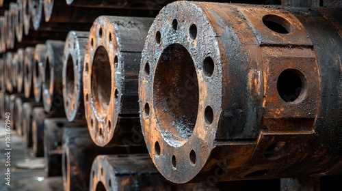 Close-up of rusty industrial pipes stacked with flanged ends, showcasing weathered textures and metal surfaces.