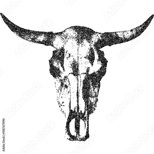 Longhorn cow skull with halftone stipple effect, for grunge punk y2k collage design. Vector illustration in grainy photocopy texture for experimental dotted retro banner design
