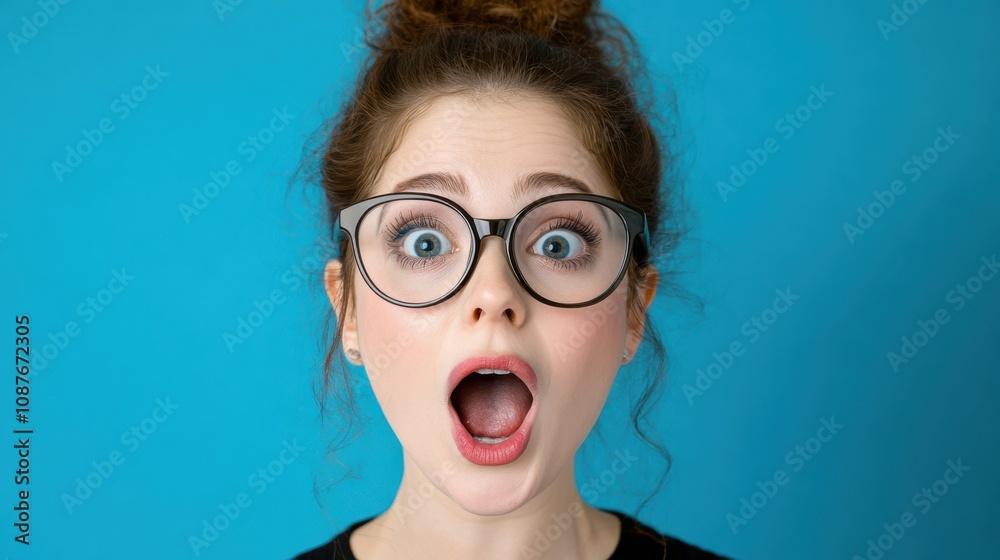 A young woman with oversized glasses displays a wide-eyed expression of amazement against a vibrant blue backdrop. A young woman with oversized glasses displays a wide-eyed expression of amazement against a vibrant blue backdrop.