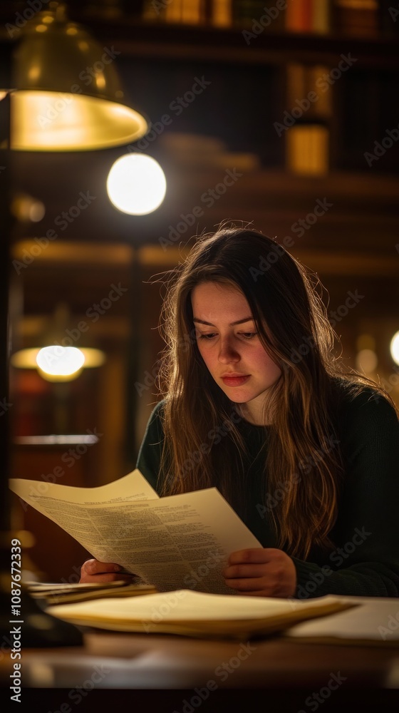 A young woman reading documents in a dimly lit library, focused and contemplative. A young woman reading documents in a dimly lit library, focused and contemplative.