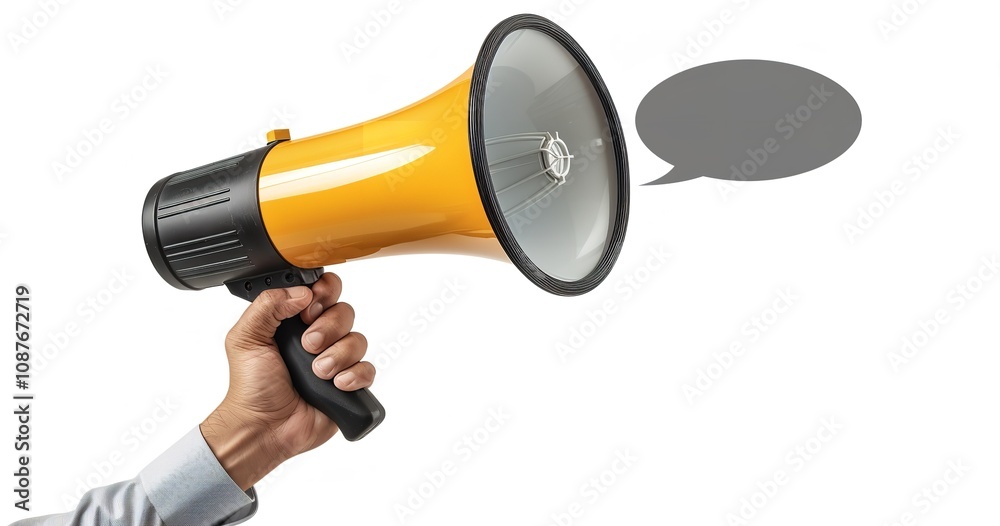 Fototapeta premium Male Hand Holding Megaphone – New Product Announcement Banner Template, Generative Ai.