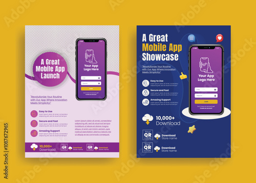 Mobile app promotion editable print flyer or poster template set, phone repair flyer, mobile app development flyer, software promotion flyer with 3d smartphone illustration