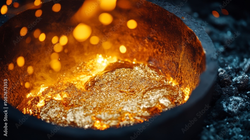 A close-up view of molten gold in a furnace, glowing with vibrant hues and surrounded by sparks, illustrating the metalworking process. A close-up view of molten gold in a furnace, glowing with vibrant hues and surrounded by sparks, illustrating the metalworking process.