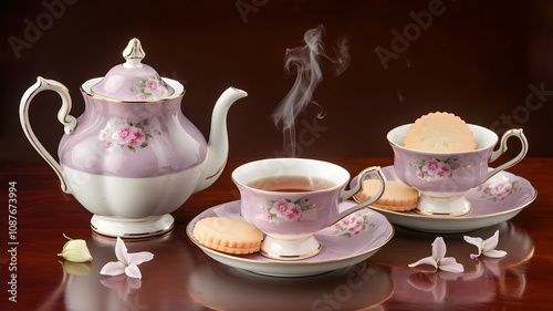 Elegant tea set with porcelain teapot and shortbread on polished mahogany