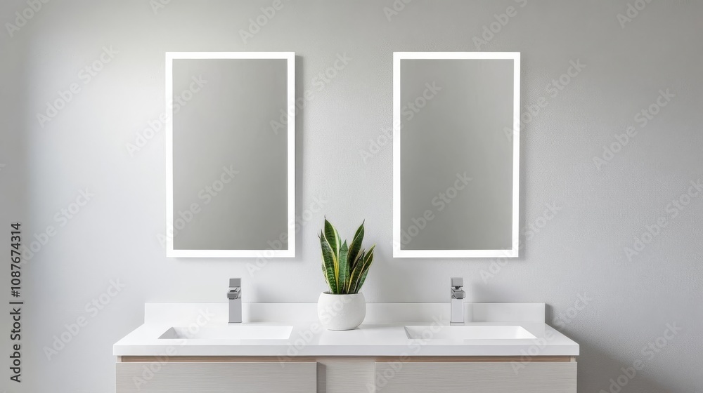 Fototapeta premium Double vanity with quartz countertops, backlit LED mirrors, sleek and stylish