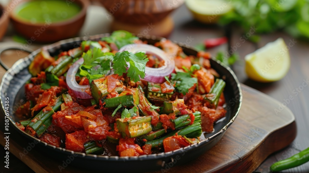 A delightful plate of Indian bhindi masala, stir-fried okra with onions A delightful plate of Indian bhindi masala, stir-fried okra with onions