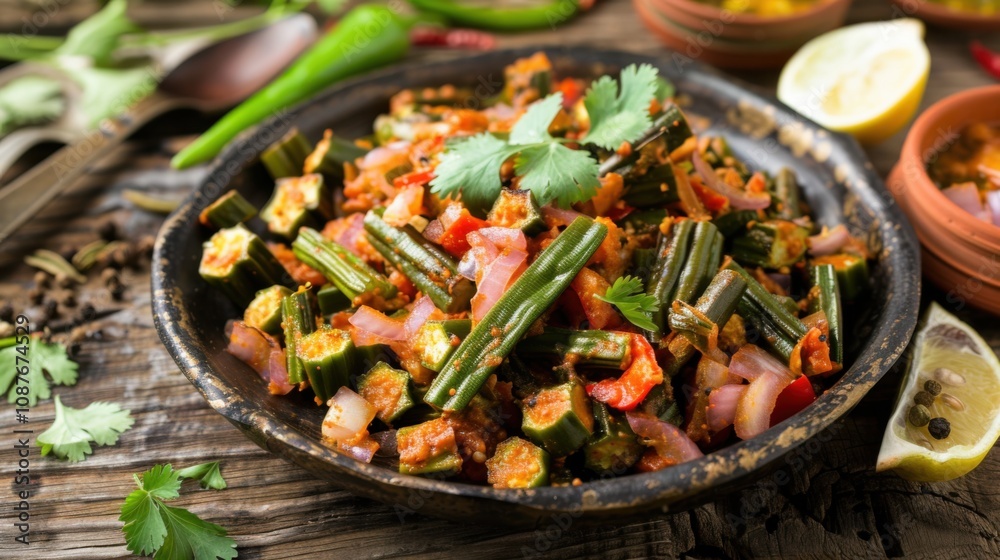 A delightful plate of Indian bhindi masala, stir-fried okra with onions