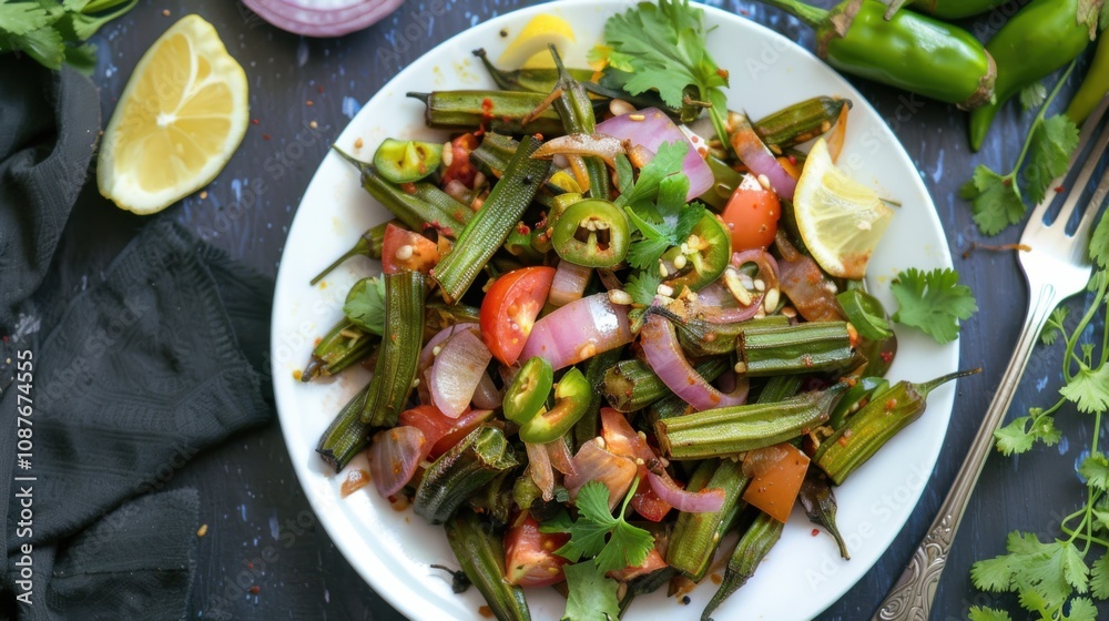 A delightful plate of Indian bhindi masala, stir-fried okra with onions