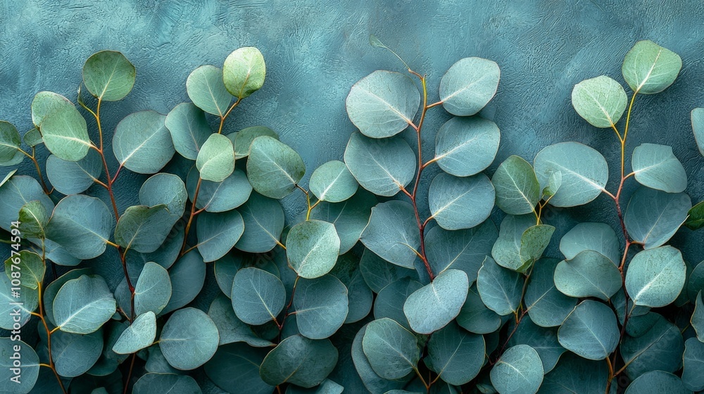 A serene arrangement of eucalyptus leaves against a textured teal background. A serene arrangement of eucalyptus leaves against a textured teal background.