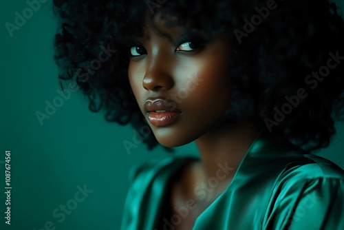 Fashion portrait of an African American woman with black curly hair in a green silk dress. Editorial fashion photography with studio lighting  professional color grading  and minimal contrast  . photo