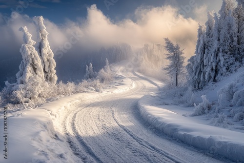 beautiful road in a mountain area, covered with snow and ice at winter