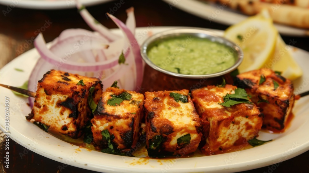 A delightful plate of Indian paneer tikka, marinated and grilled cubes of paneer cheese served with mint chutney A delightful plate of Indian paneer tikka, marinated and grilled cubes of paneer cheese served with mint chutney