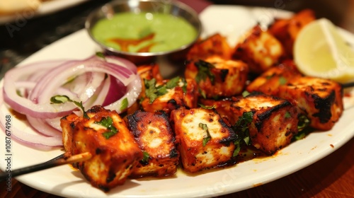 A delightful plate of Indian paneer tikka, marinated and grilled cubes of paneer cheese served with mint chutney