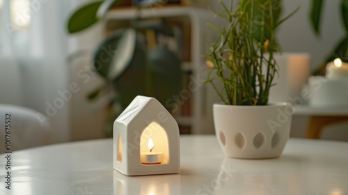 porcelain white house figurine on table.