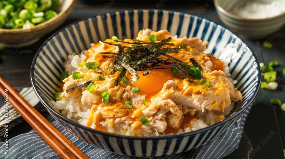 A delightful plate of Japanese oyakodon, simmered chicken and egg over rice A delightful plate of Japanese oyakodon, simmered chicken and egg over rice