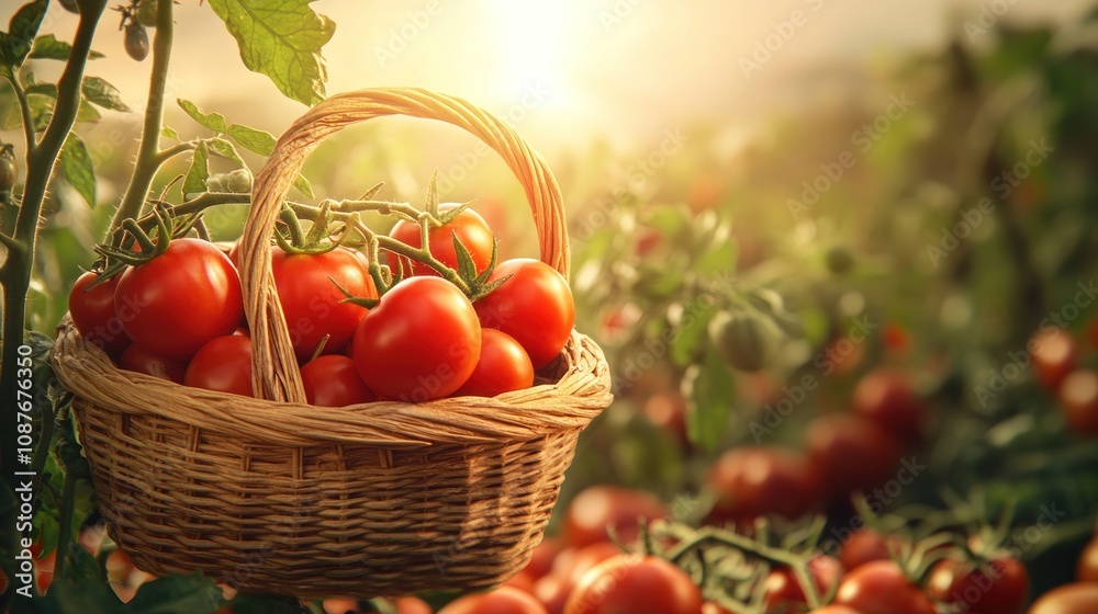 A basket filled with ripe tomatoes in a sunlit garden setting. A basket filled with ripe tomatoes in a sunlit garden setting.