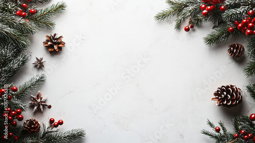 Minimalist Christmas Background with Pinecones and Red Berries