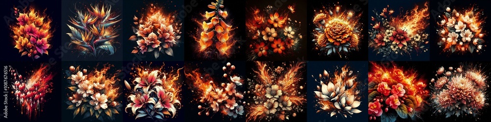 Fire splash flowers. AI generated illustration Fire splash flowers. AI generated illustration
