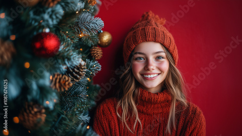 Smiling girl in a red knit hat and sweater next to a decorated Christmas tree.