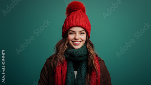 Smiling girl in a red winter hat and green scarf against a solid teal background.
