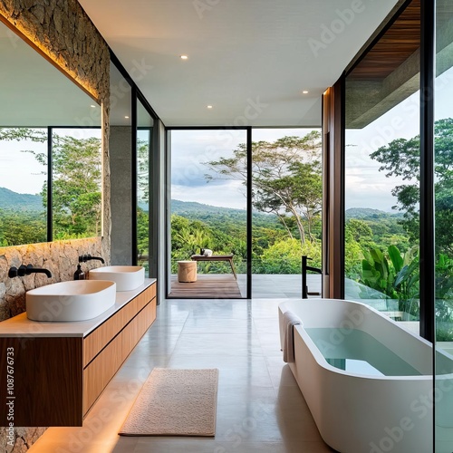 Floor-to-ceiling glass  nature view  open-concept bathroom  bright and airy  luxury retreat ambiance