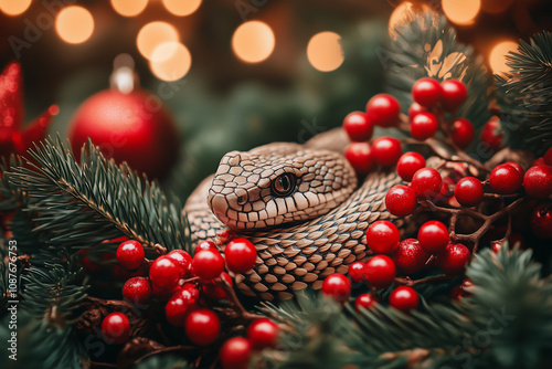 Snake nestled among festive red berries and pine branches with holiday lights in the background.