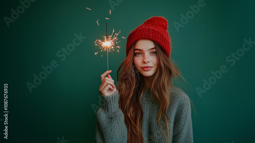 Young Woman Holding Sparkler in Festive Red Beanie