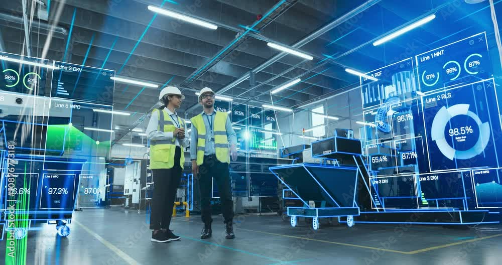 Engineers Analyze Data in a Smart Factory Using Augmented Reality Software. Advanced Manufacturing Facility Shows Industry 4.0 Technologies, Optimizing Production Processes Through Digital Integration