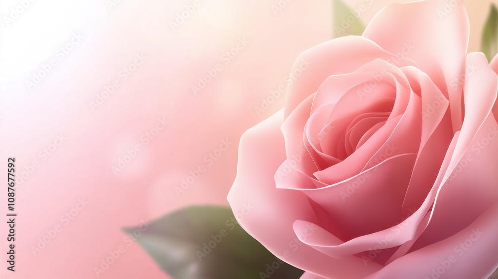 Fototapeta premium Realistic rose background with soft pink blooms and lush green leaves, intricate petal textures, perfect for romantic designs.