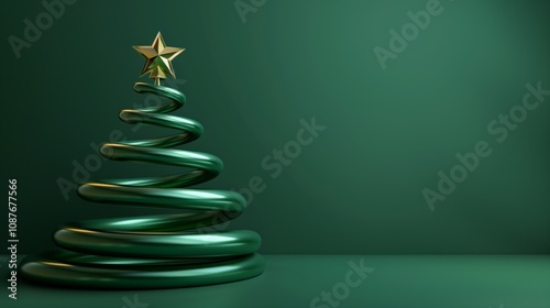 Modern minimalist Christmas tree design, featuring a spiraling green structure topped by a golden star, against a matching green background.