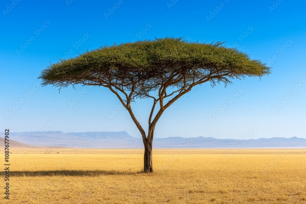 A single acacia tree silhouetted against a gradient sunset, representing the South African savanna A single acacia tree silhouetted against a gradient sunset, representing the South African savanna