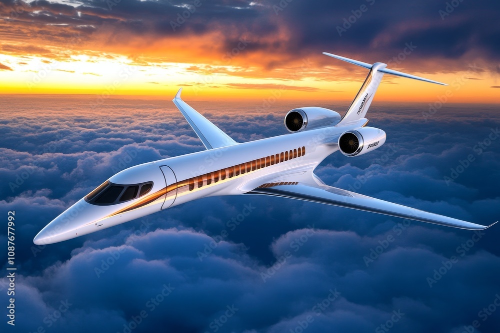 A sleek commercial airplane flying above the clouds, illuminated by the warm glow of the setting sun A sleek commercial airplane flying above the clouds, illuminated by the warm glow of the setting sun