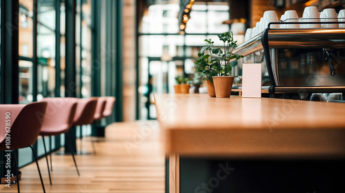 Coffee shop close-up view, natural, wood, green plants, lovely light and atmosphere, coffee