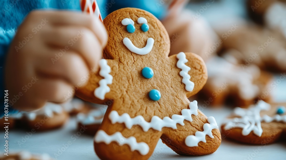 close up of child hands decorates gingerbread cookies with intricate icing designs during the holiday season close up of child hands decorates gingerbread cookies with intricate icing designs during the holiday season