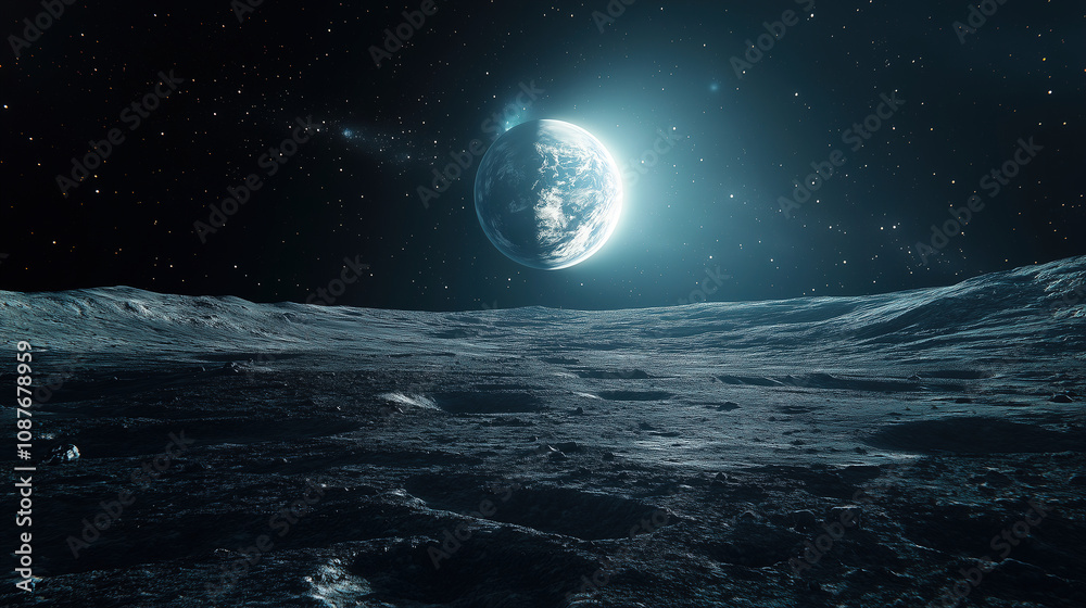 View of Earth from the lunar surface at night showcasing craters and stars in the vast cosmos during a serene moment. Generative AI View of Earth from the lunar surface at night showcasing craters and stars in the vast cosmos during a serene moment. Generative AI