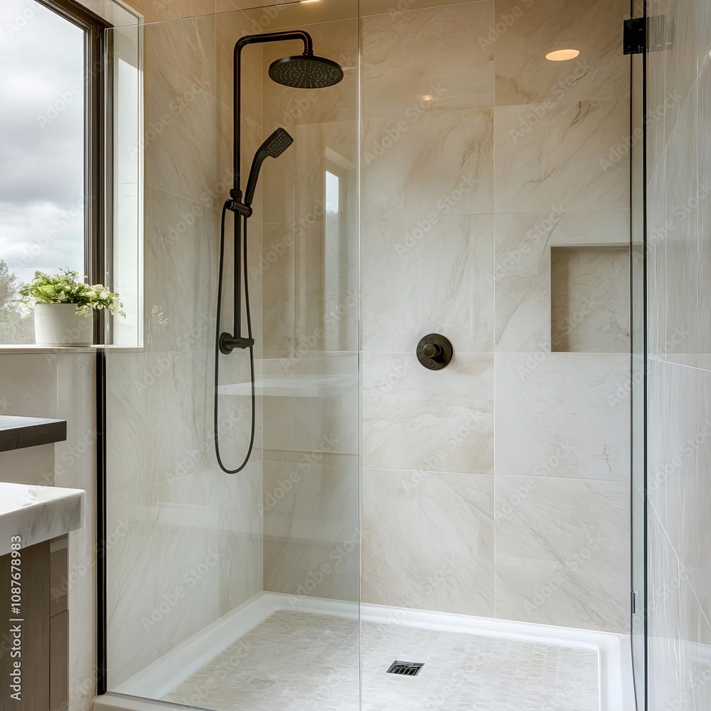 Obraz premium Glass-enclosed shower with marble walls, rainfall head, spa-like spaciousness