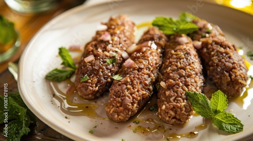 A delightful plate of Lebanese kibbeh nayeh, finely ground raw meat mixed with bulgur wheat